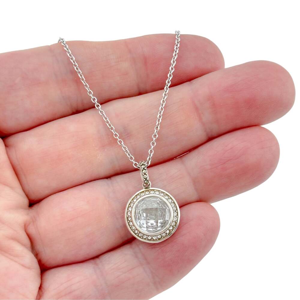 Vintage Sterling Silver 925 Faceted Glass and Marcasite Halo Necklace 16-18 in
